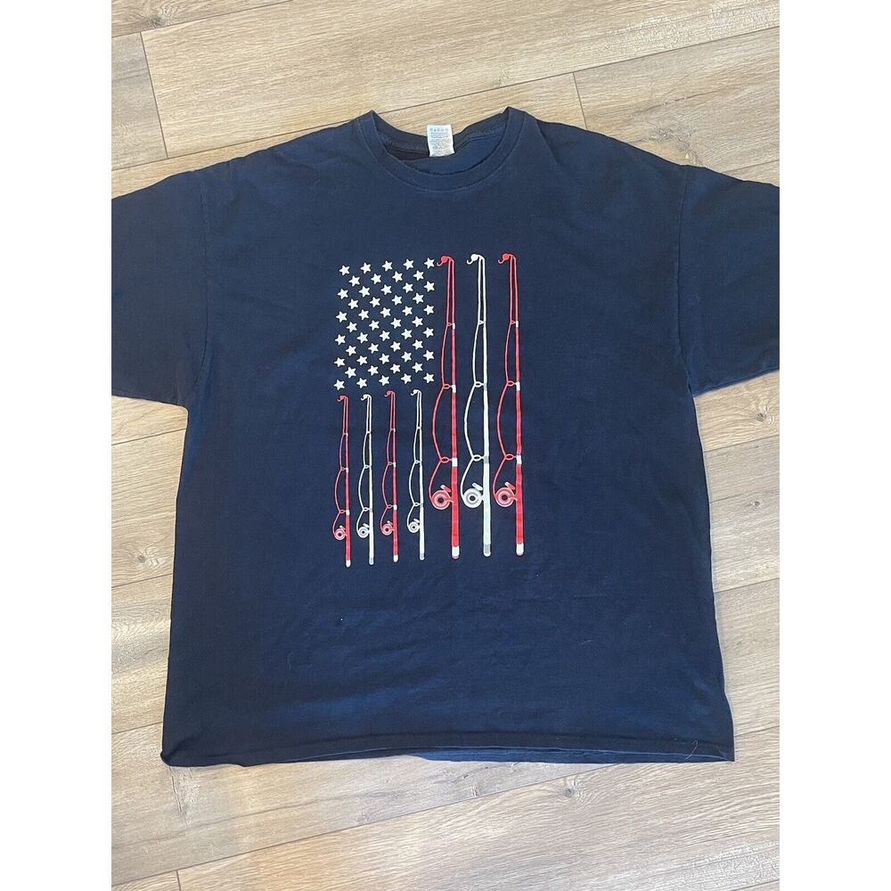 American Flag Fishing Rod Patriotic T Shirt Men's Size‎ 2XL